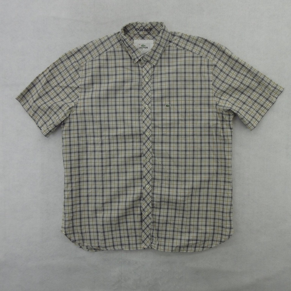 Lacoste Shirt Mens 42 Large Beige Plaid Cotton Slim Fit Short Sleeve Button Up
